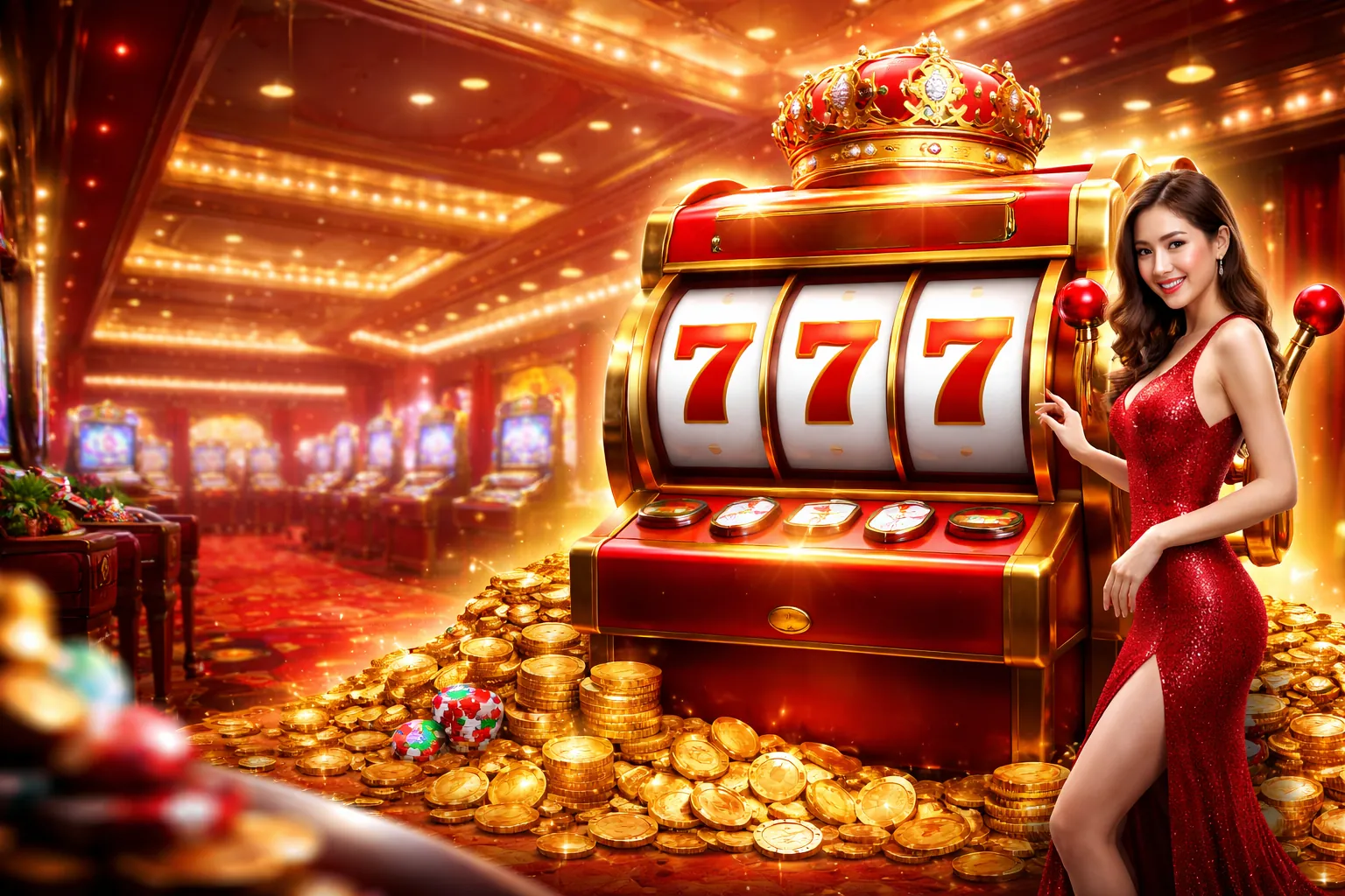 Máy đánh bạc rực rỡ với đồng xu vàng và biểu tượng jackpot tại 69vin tải app